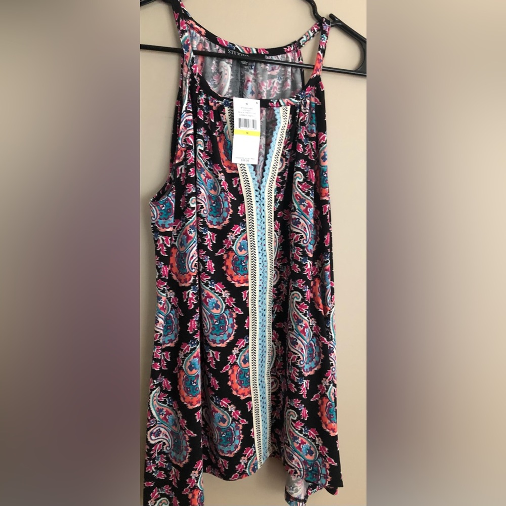 NWT STUDIO Black Pretty Paisley Sleeveless Tunic Top Blouse  $59  Size M